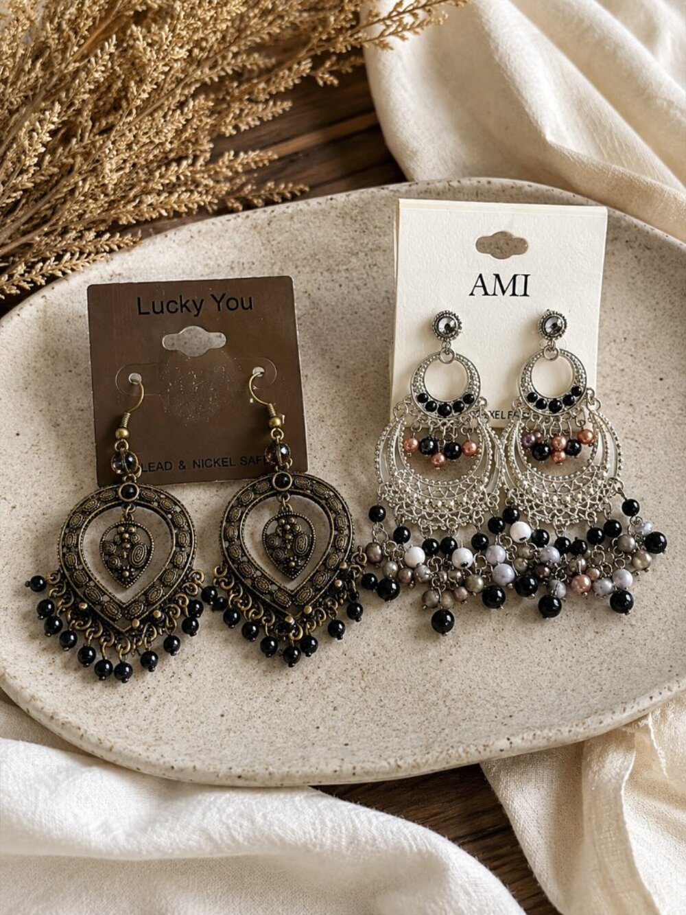 2 Pair Boho Statement Earrings Lucky You & AMI Beaded Dangle Silver Bronze‎ NWT